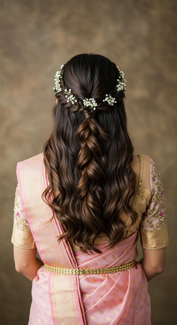 Bride with half-up twisted braid and baby breath floral accessories.