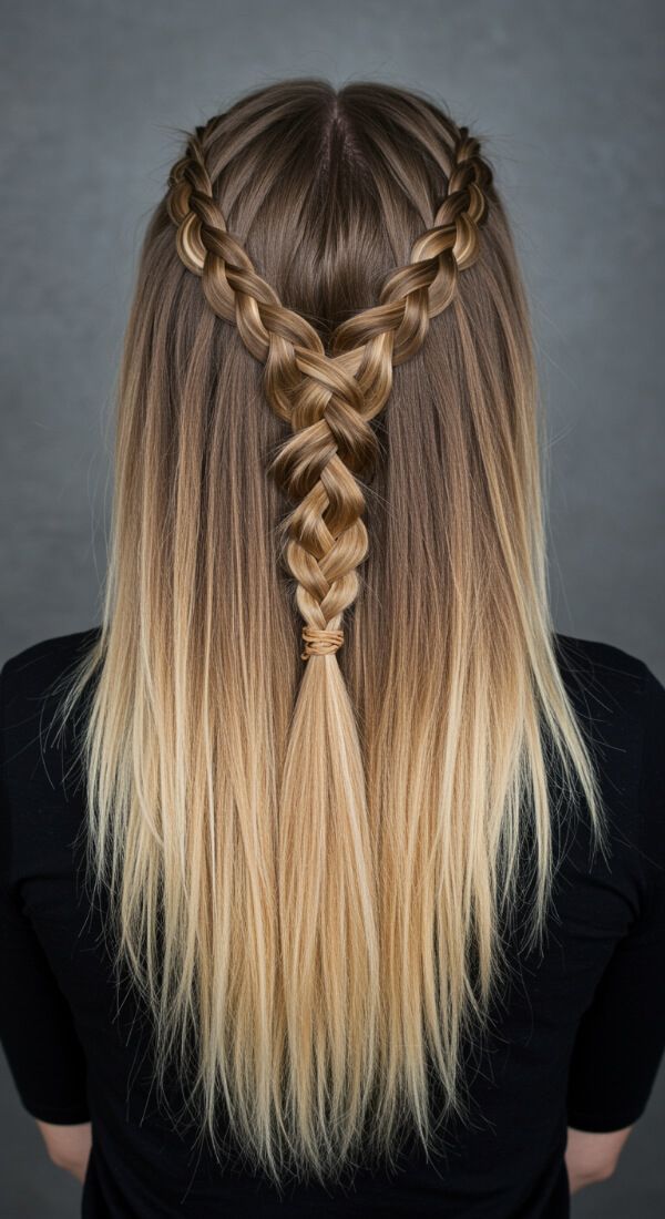 Heart-shaped braid design on long straight blonde hair