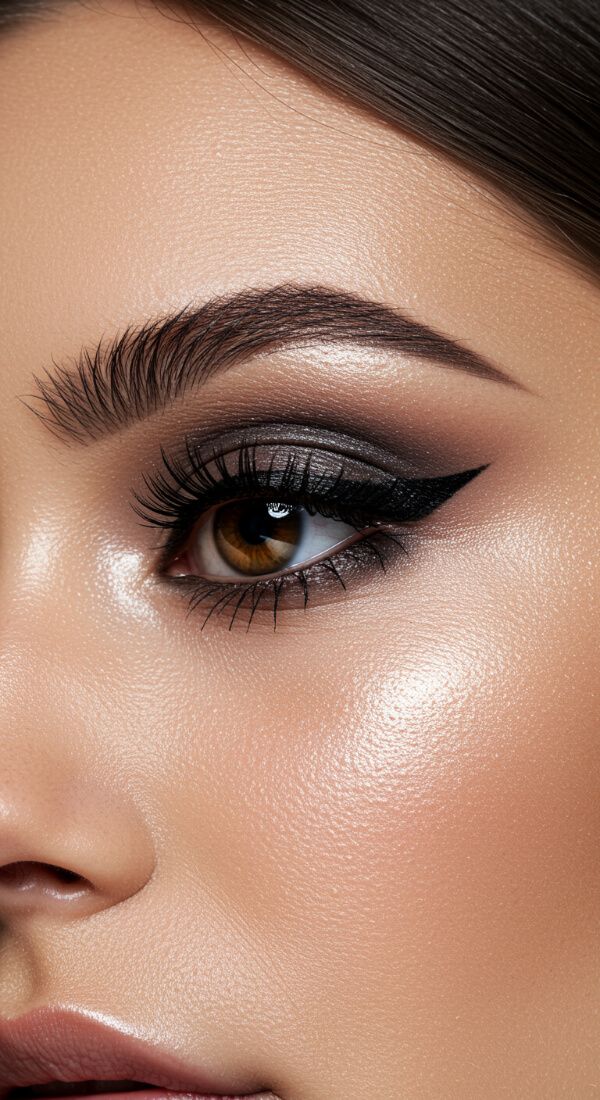 Soft glam eye makeup with winged eyeliner and neutral shimmer eyeshadow.