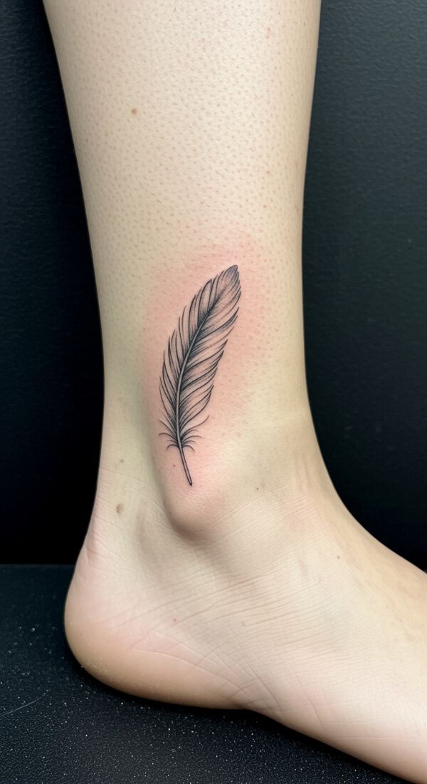 Fine line feather tattoo on ankle