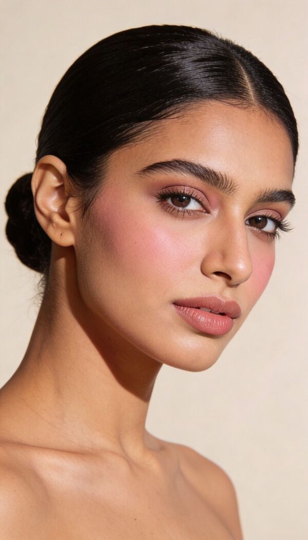 Woman with soft pink natural makeup, rosy blush, nude lips, and sleek bun hairstyle.