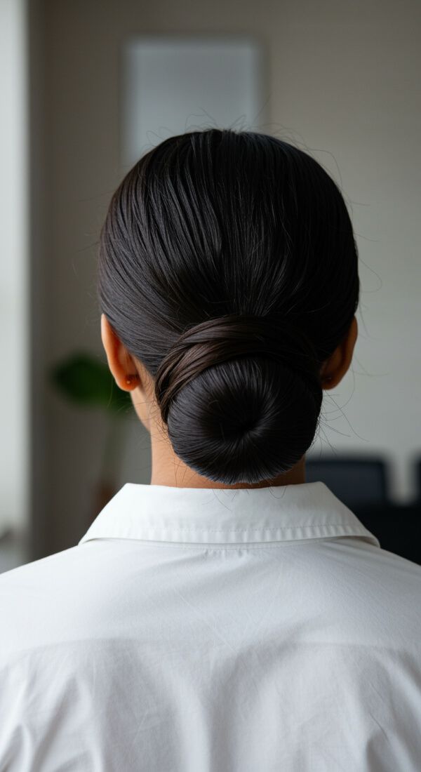 Smooth low bun hairstyle for professional women