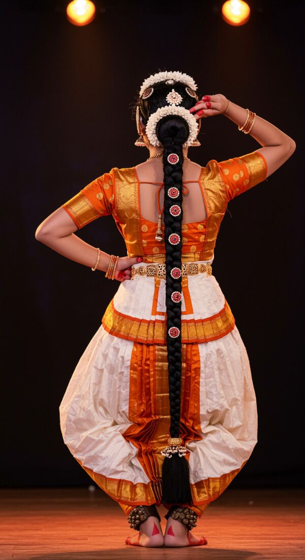 Bharatanatyam dancer hairstyle featuring long decorated braid with floral garlands and temple jewelry.