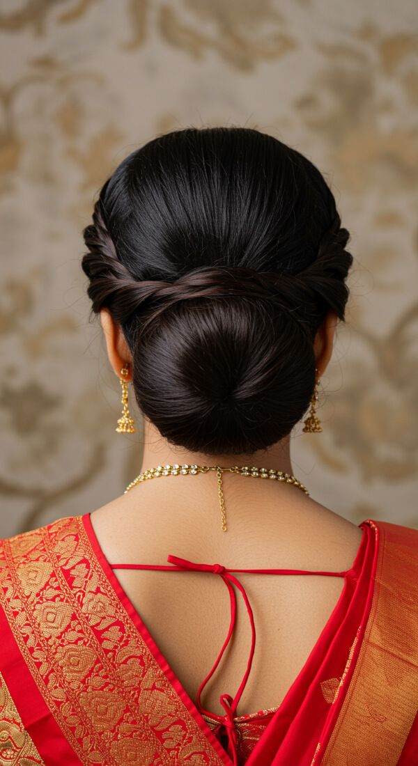 Sleek traditional bun hairstyle with red saree blouse and gold jewelry