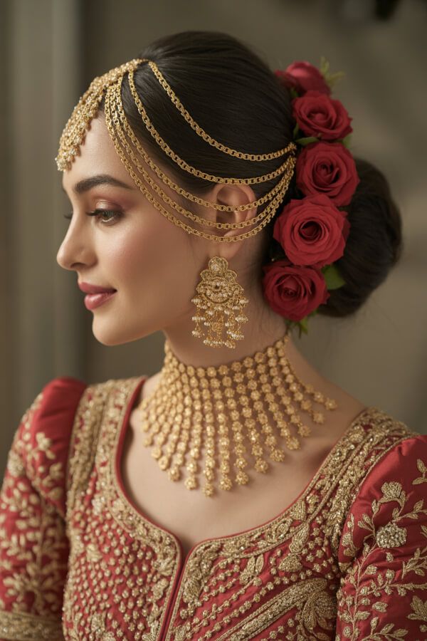 Bridal bun hairstyle with red roses and layered gold head chains