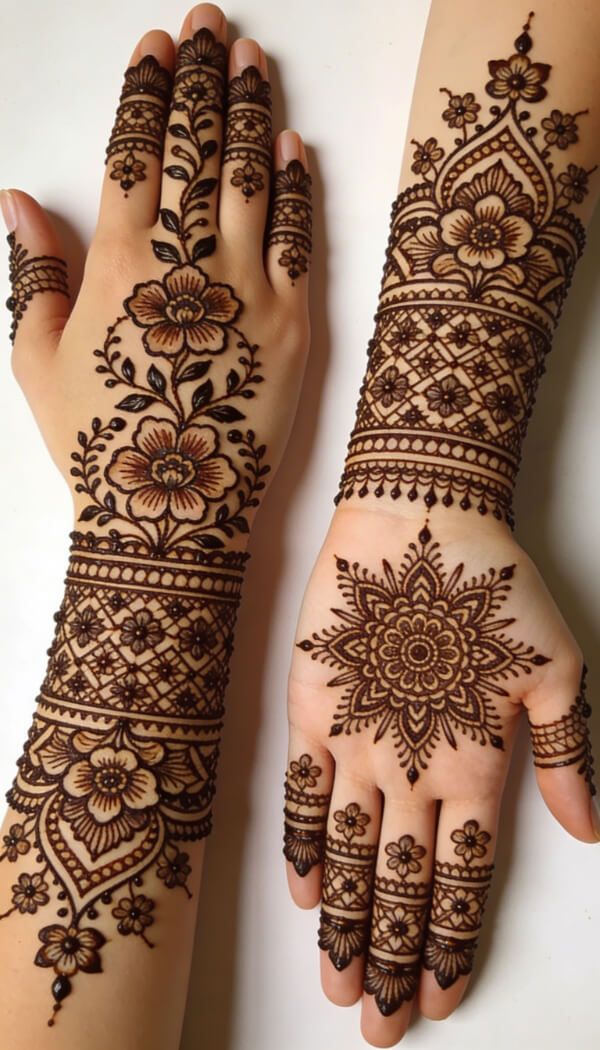 Floral mandala mehndi design on palm with decorative wrist bands.