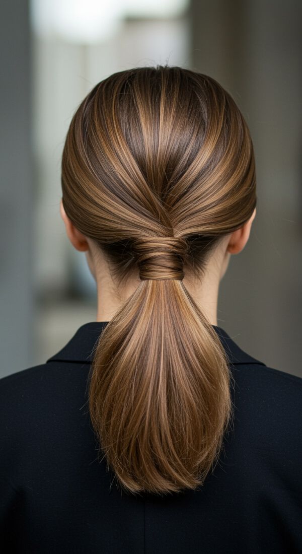 Sleek low ponytail hairstyle with smooth finish