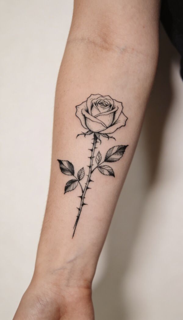 fine line rose tattoo on inner forearm
