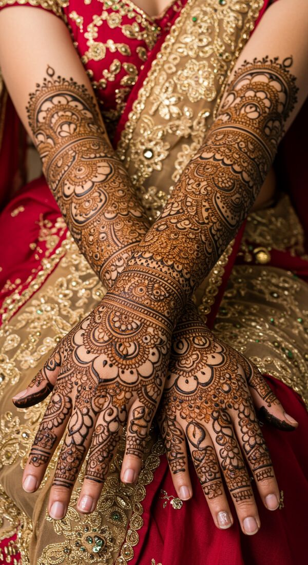 Heavy bridal mehndi design with dense floral patterns and detailed hand coverage.