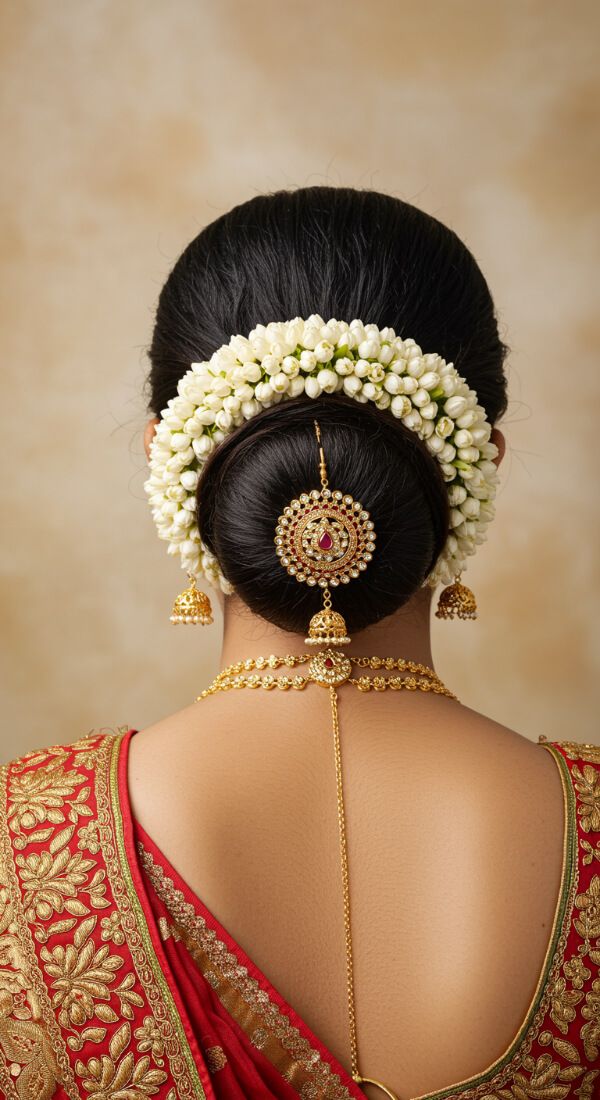 Traditional Indian bridal juda hairstyle adorned with white jasmine gajra and gold hair accessories.