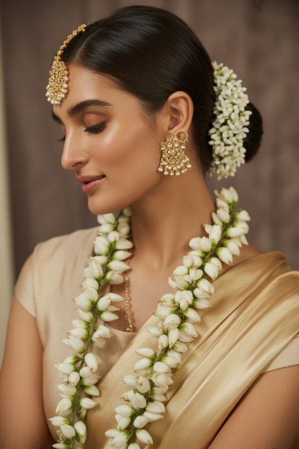 Sleek bun hairstyle with jasmine gajra for a traditional saree look