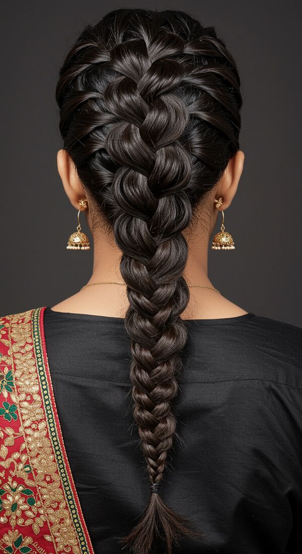 Classic thick Indian braid hairstyle with traditional saree look