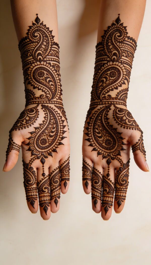 Full hand paisley mehndi design with symmetrical intricate detailing.