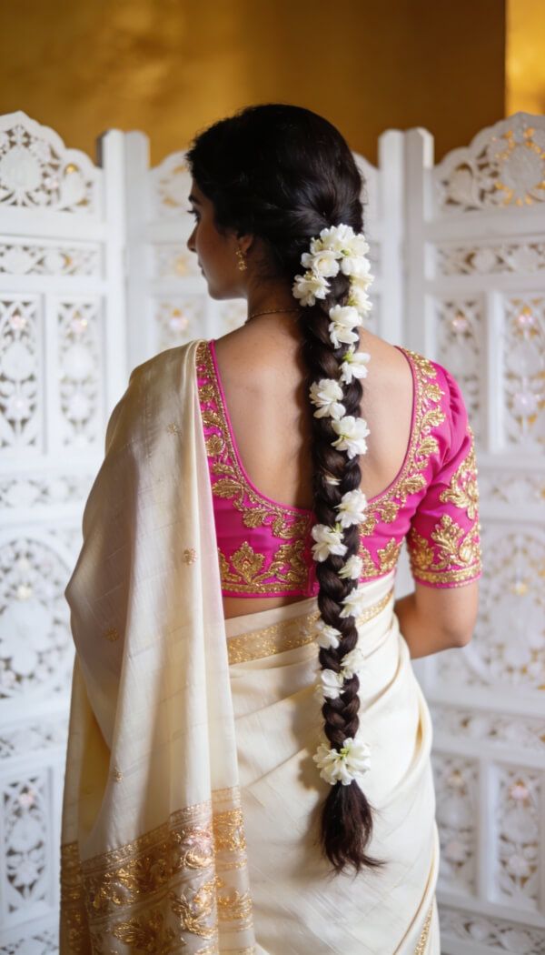 Long braid hairstyle decorated with jasmine flowers for saree look