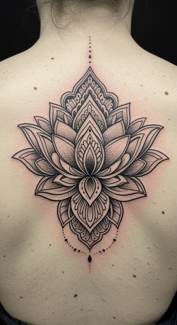 large lotus mandala tattoo centered on upper back