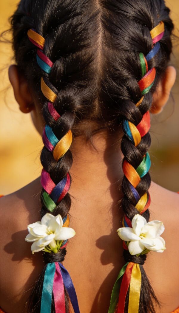 Double braids intertwined with colorful satin ribbons and finished with white flowers.