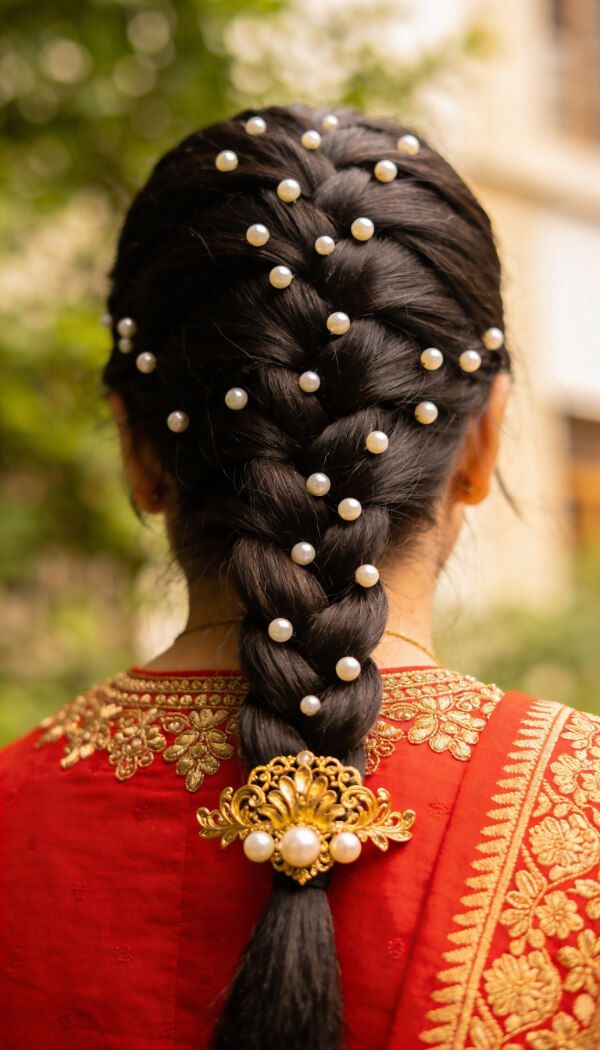 Long traditional braid decorated with pearl pins for Indian wedding