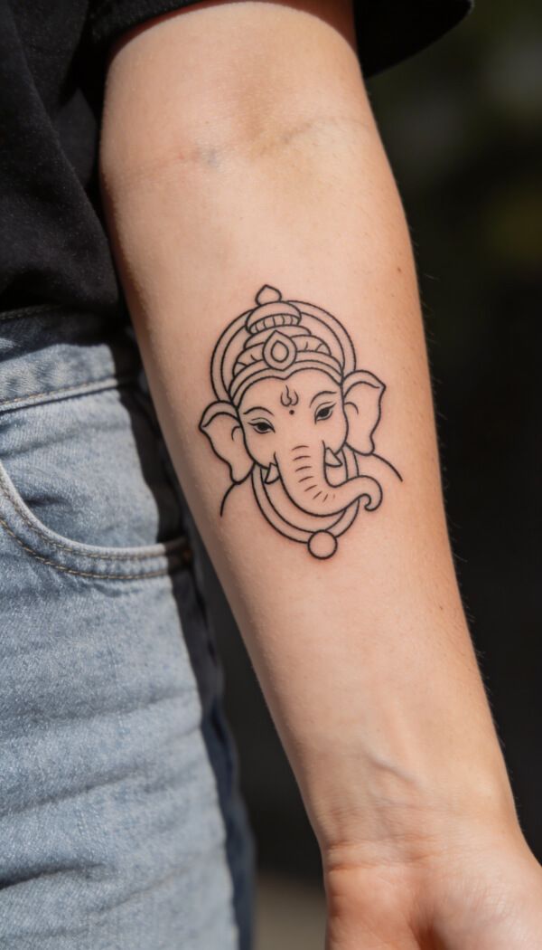 Fine line Lord Ganesha tattoo on forearm