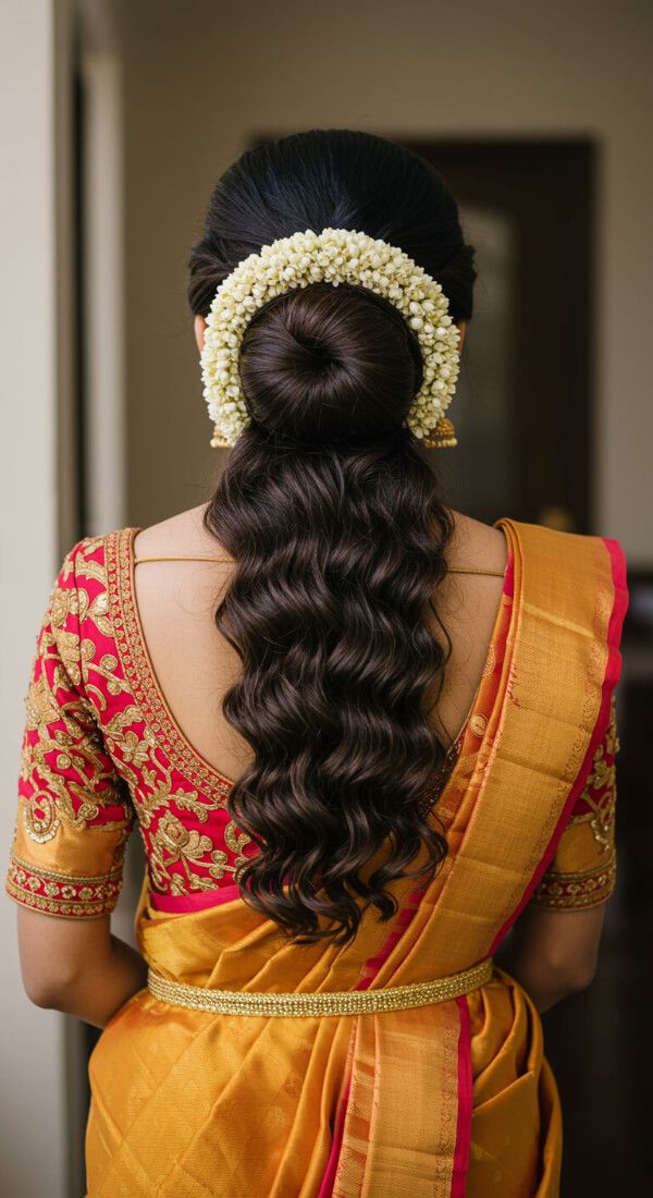 Half-up bun hairstyle with soft, wavy open hair decorated with jasmine gajra for a festive occasion.