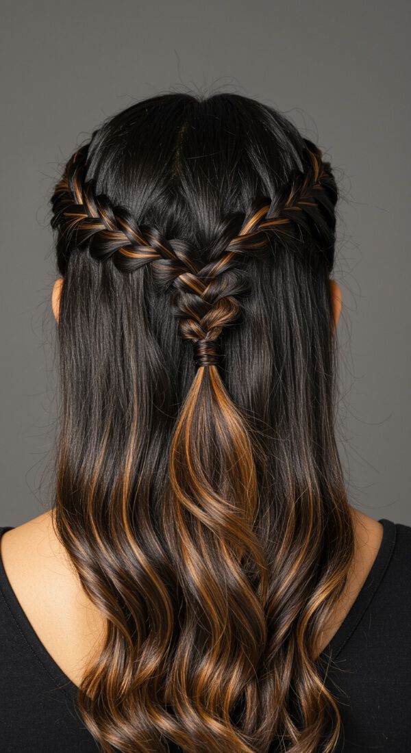 Braided half up half down hairstyle for long hair
