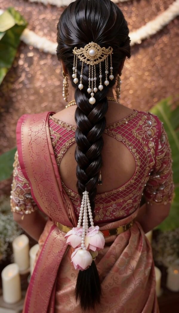 Traditional South Indian bridal braid with gold jewelry and pearl chains