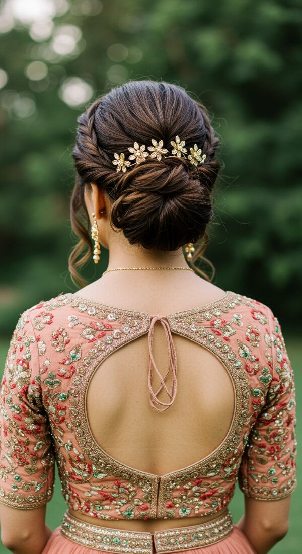 Twisted bun hairstyle with floral hair accessory and peach blouse