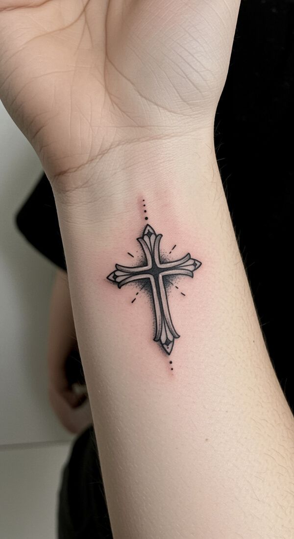 small shaded cross tattoo on inner wrist