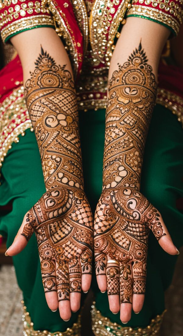 Bridal full hand mehndi design with intricate floral and paisley patterns on palms and arms.