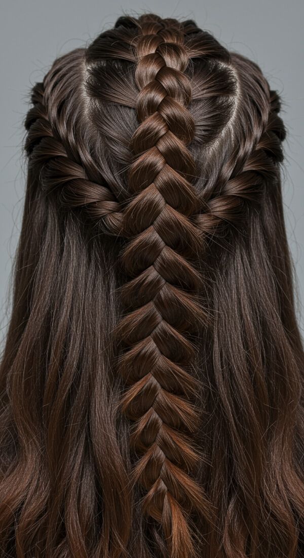 Detailed back French braid hairstyle on long straight brown hair.