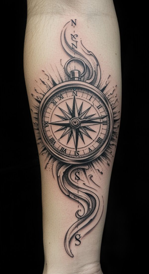 detailed compass tattoo with decorative elements on calf