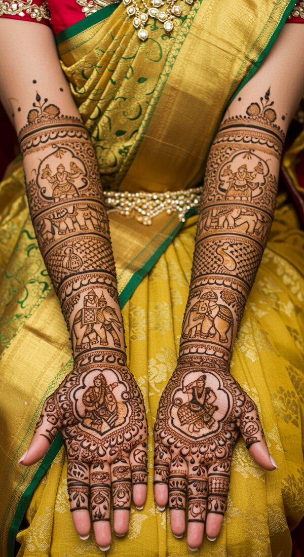 Royal elephant and traditional figure mehndi design on bridal full hands.