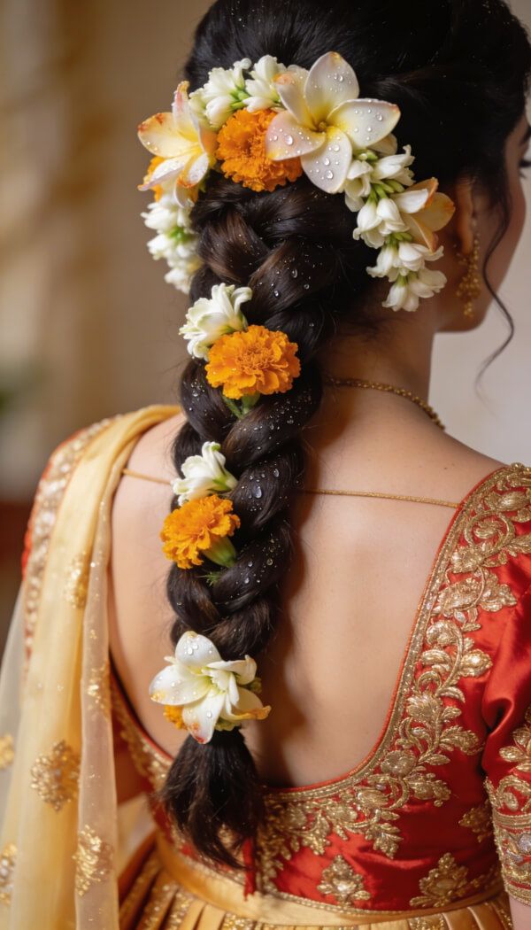 Bride with braided hairstyle decorated with marigold and white flowers.