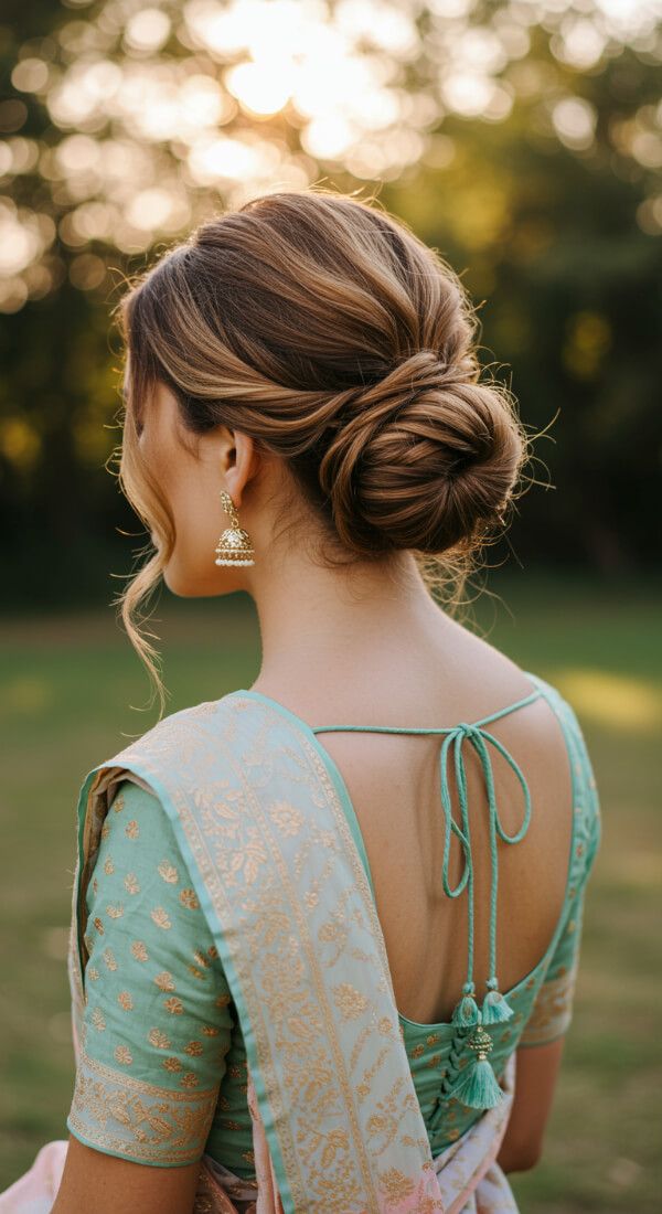 Soft twisted low bun hairstyle with green saree and jhumka earrings