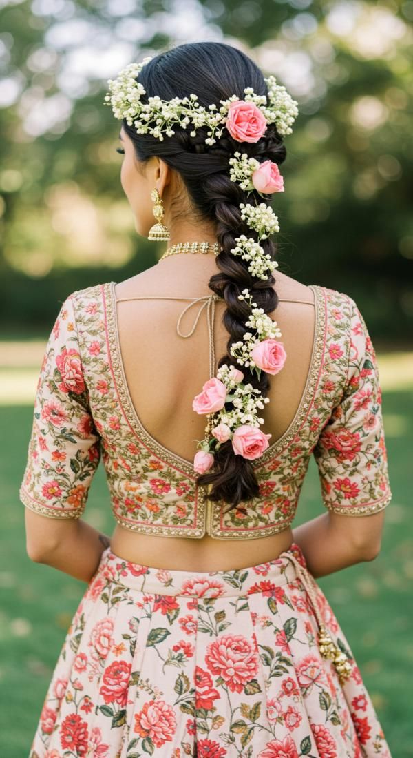 Bridal braid decorated with roses and baby breath flowers