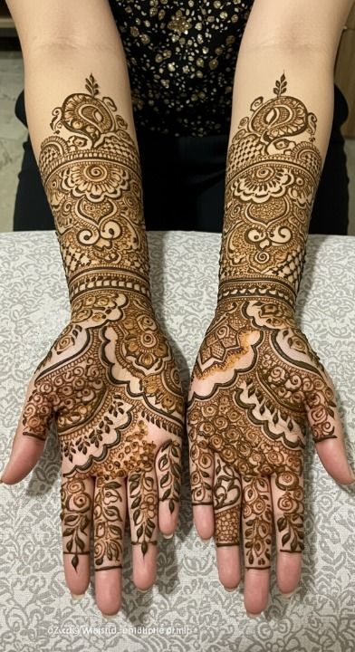 Heavy bridal mehndi design covering palms and wrists with intricate details.