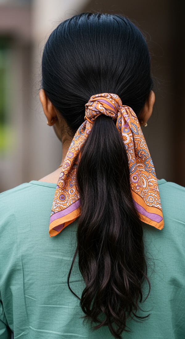 Low ponytail hairstyle with printed scarf