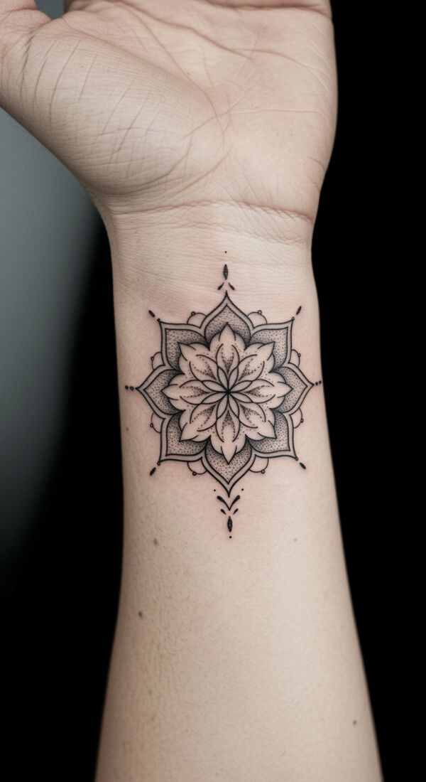 Intricate mandala tattoo on inner wrist