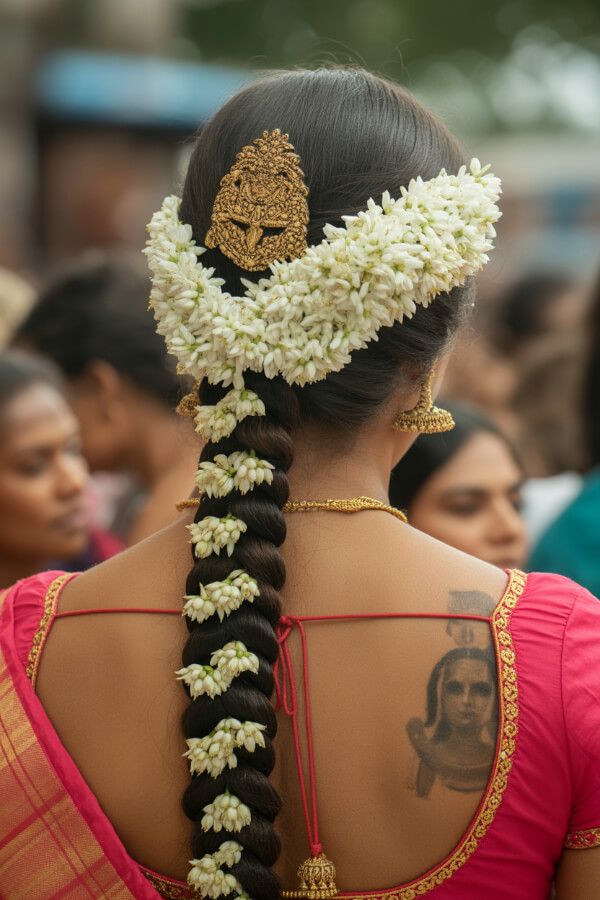 Traditional long braid with jasmine flowers and gold hair ornament