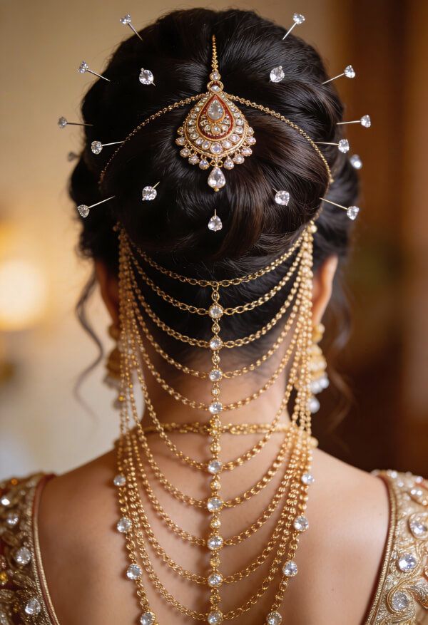 Royal bridal bun hairstyle with layered gold chains and crystal accessories