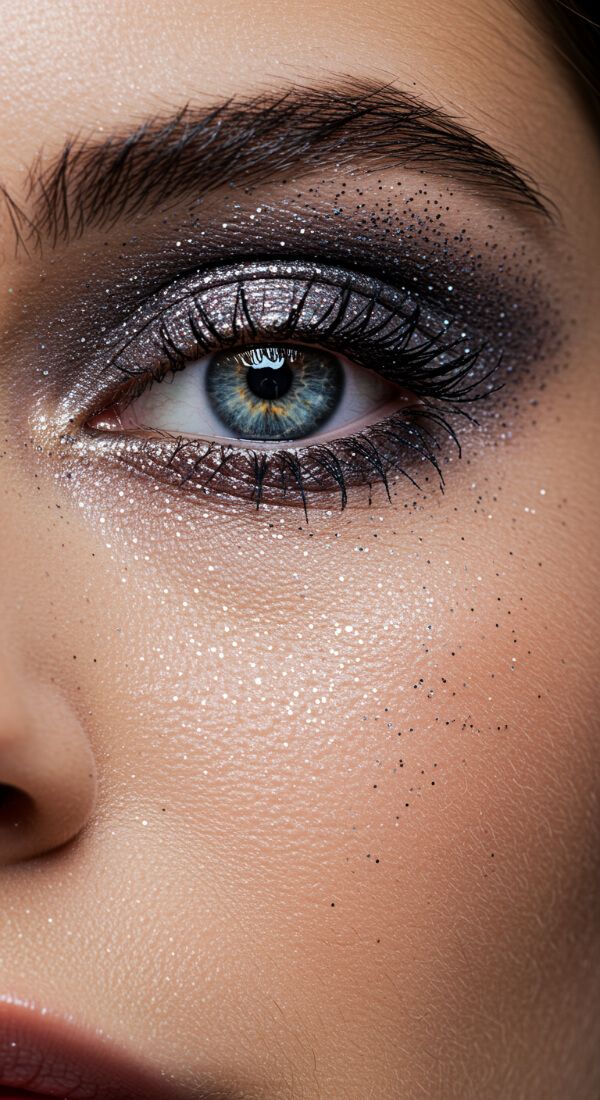 Glitter smokey eye makeup with sparkling shimmer and bold lashes.