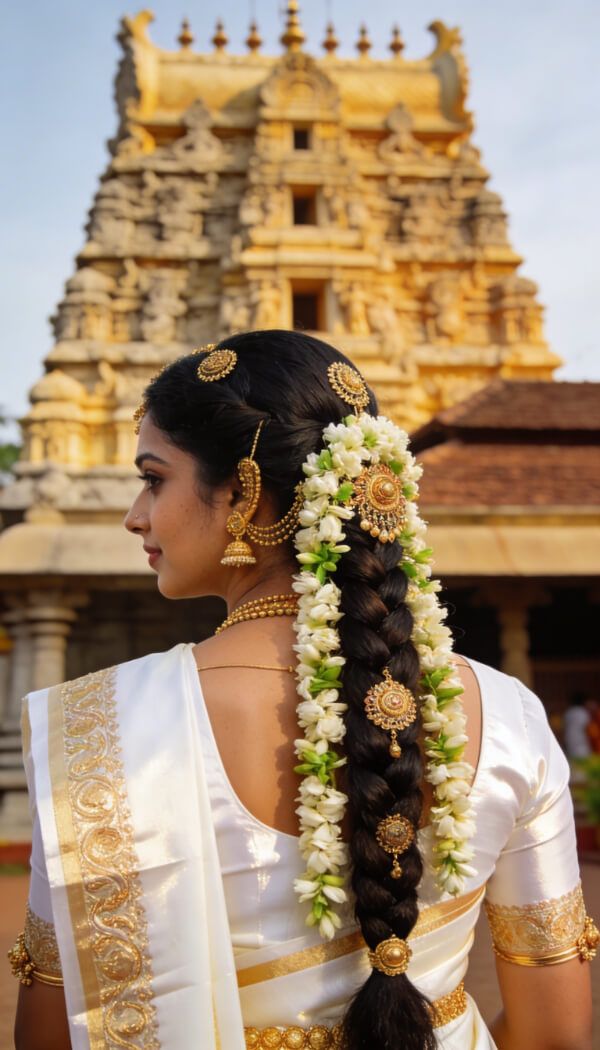 South Indian bridal long braid hairstyle decorated with jasmine flowers and gold accessories, styled with a white saree.