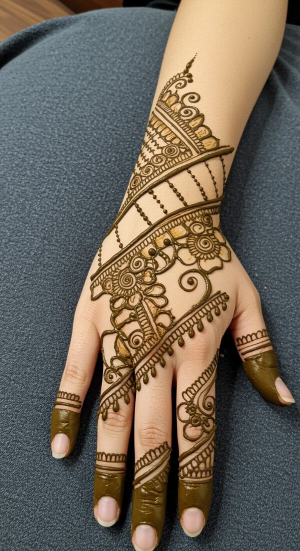 Stylish diagonal mehndi pattern with bands, florals, and shaded fingertips.