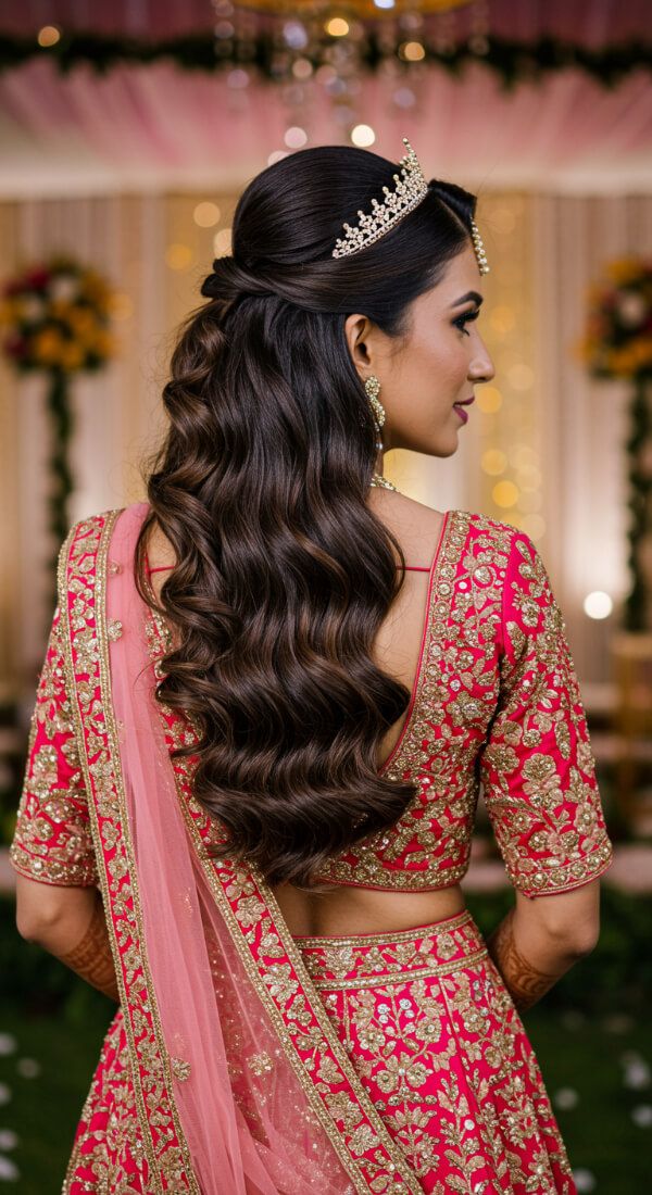 Bride with loose soft curls and tiara wearing pink embroidered lehenga.