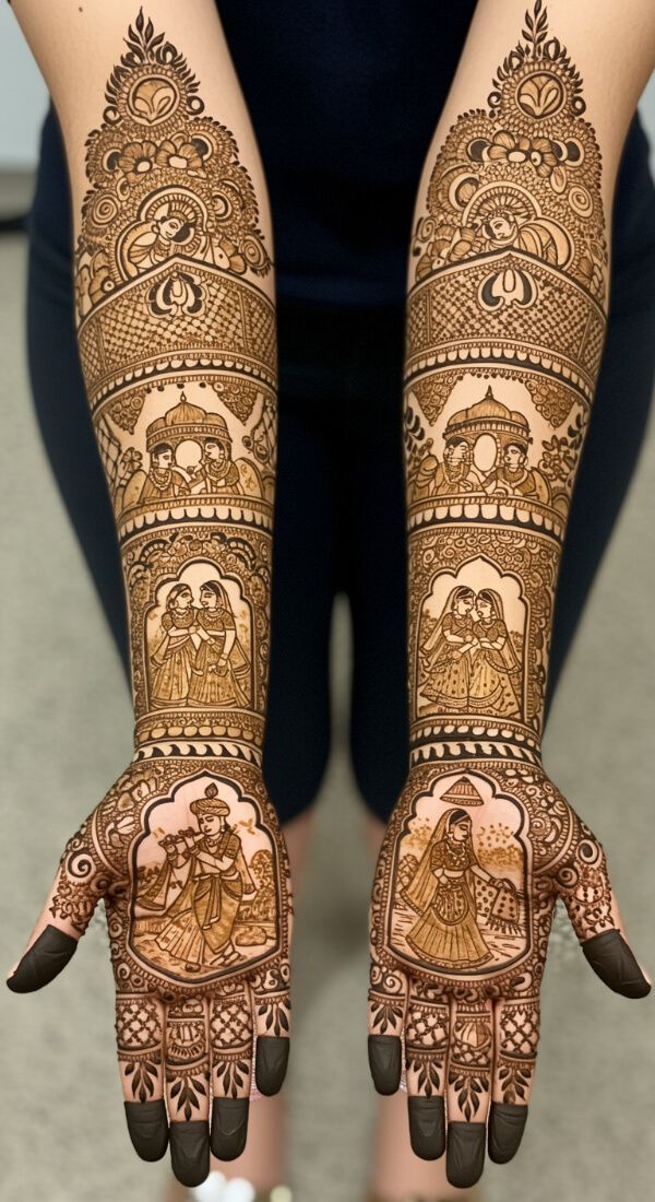 Radha Krishna bridal mehndi design with detailed storytelling art on full hands.