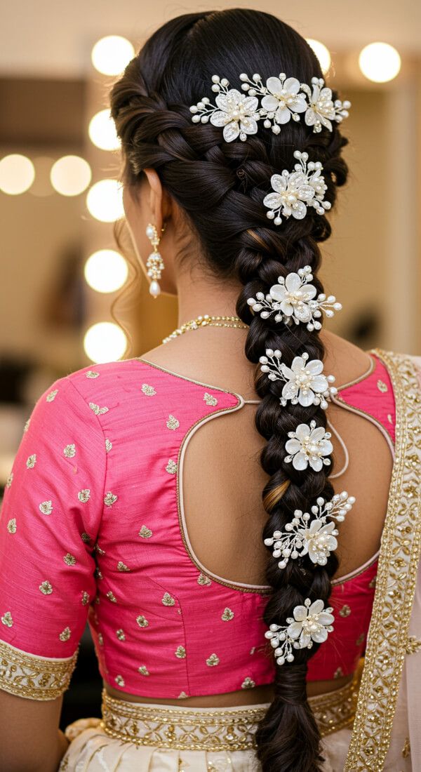 Indian braid hairstyle decorated with white floral accessories
