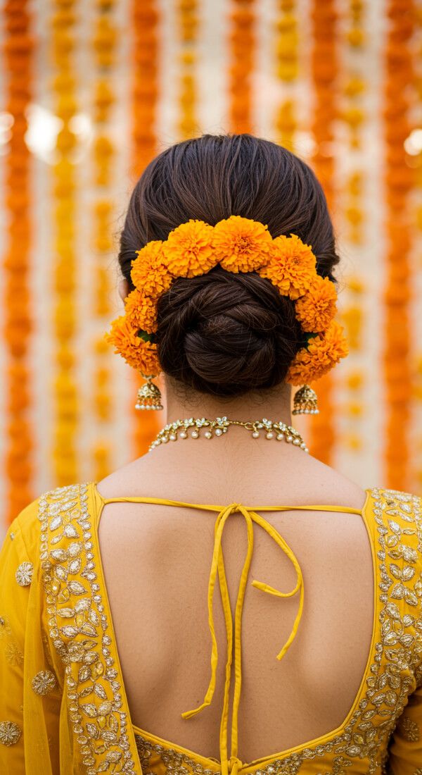 Low bun hairstyle decorated with orange marigold flowers and yellow blouse
