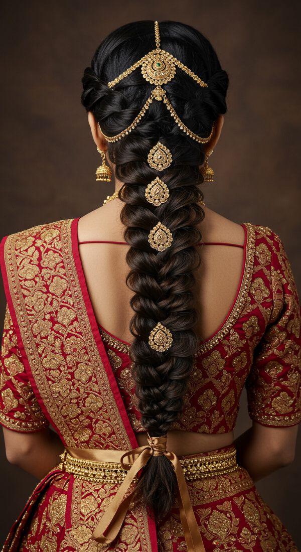 Indian bride with long thick braid decorated with gold hair jewelry and red saree.