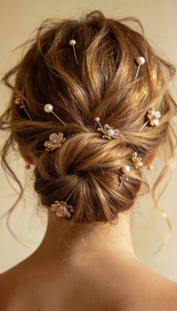 Messy low bun hairstyle decorated with pearl and floral pins