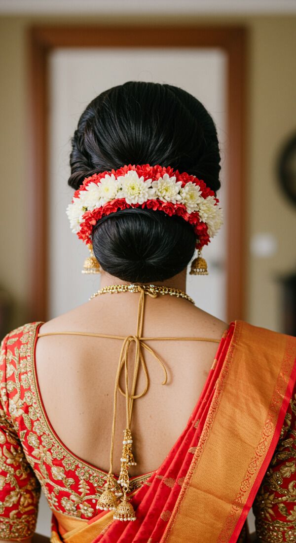 Indian bride with low bun decorated with red and white flowers and saree.