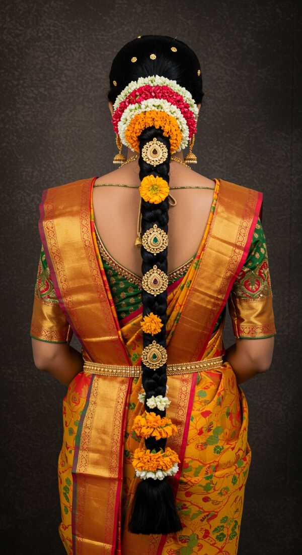 Temple bridal hairstyle with long braid decorated with flowers and gold ornaments